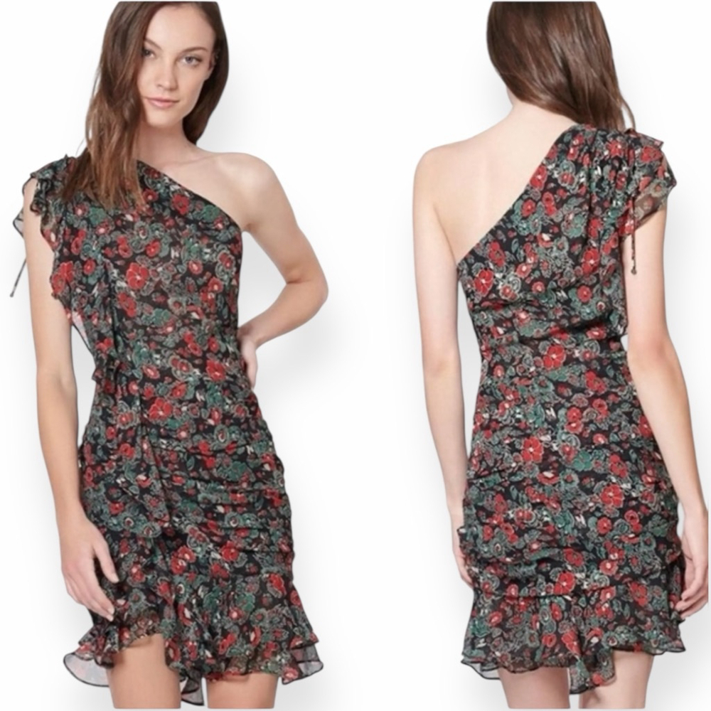 Veronica Beard Silk Ballard One Shoulder Mini Dress Black Floral Size 4 Small